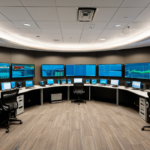 A high-tech financial operations room with real-time transaction charts and server cabinets.