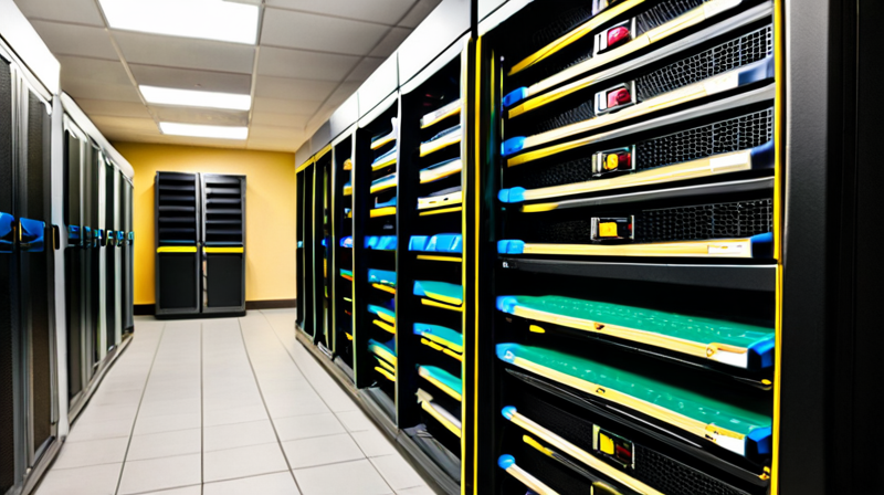 A network administrator monitoring rack-mounted servers with a tablet in a data center.