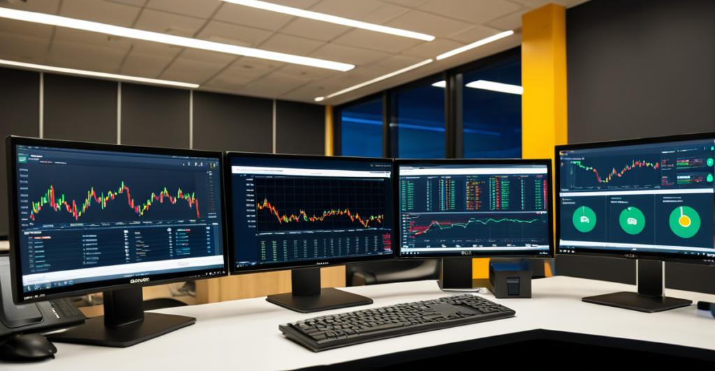 A modern cryptocurrency exchange operations center with data monitors and a hardware wallet on a glass desk.