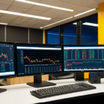 A modern cryptocurrency exchange operations center with data monitors and a hardware wallet on a glass desk.