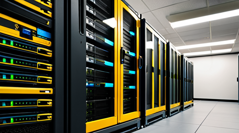 High-performance server rack in a modern data center representing digital ledger infrastructure.