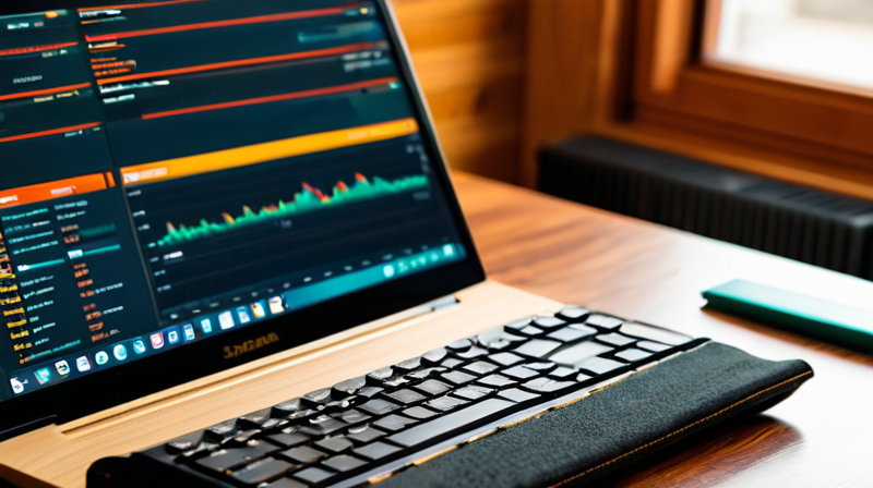 A developer's desk with a mechanical keyboard, notebook of equations, and a secure hardware wallet connected to a laptop.