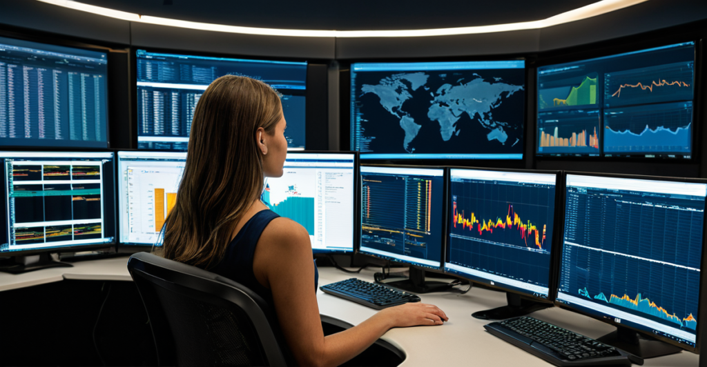 Cybersecurity operations center monitoring real-time blockchain transactions and network security protocols.
