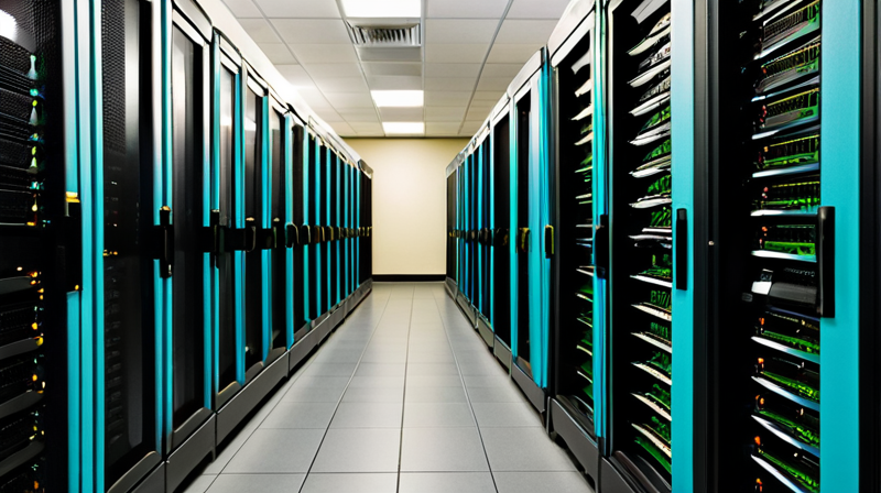 Enterprise-grade server racks and GPU clusters housing decentralized network infrastructure.