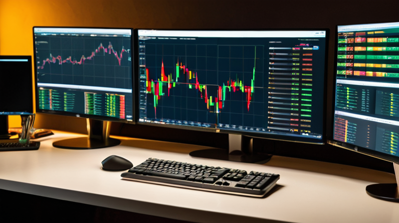 Professional financial analyst trading desk featuring multi-monitor market charts and a hardware wallet.