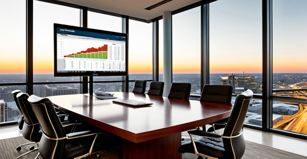 Modern corporate boardroom table with financial reports and digital tablets showing market data