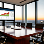 Modern corporate boardroom table with financial reports and digital tablets showing market data