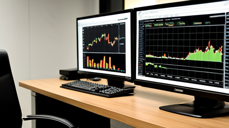 Multi-monitor financial trading desk displaying real-time market data and candlestick charts