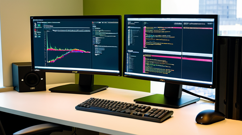 Dual-monitor developer workspace displaying code and user journey flow diagrams.