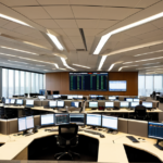 Modern financial trading floor with multiple screens displaying market data, representing investment banking and finance portfolios.