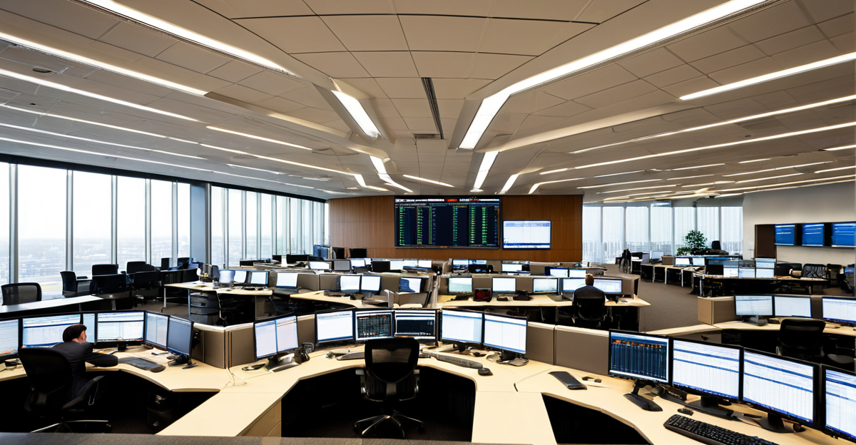 Modern financial trading floor with multiple screens displaying market data, representing investment banking and finance portfolios.