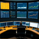 A high-tech cybersecurity operations center displaying real-time global network statistics and cryptographic data flows.