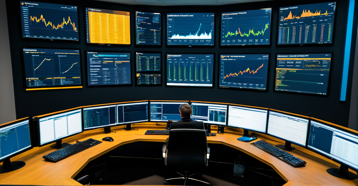 A high-tech cybersecurity operations center displaying real-time global network statistics and cryptographic data flows.
