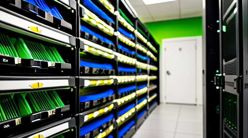 Rows of dark server racks with flashing green LEDs and organized blue fiber-optic cabling in a secure data center.