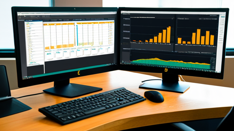 An analyst's dual-monitor workspace displaying financial portfolio dashboards and candlestick charts next to a hardware security key.