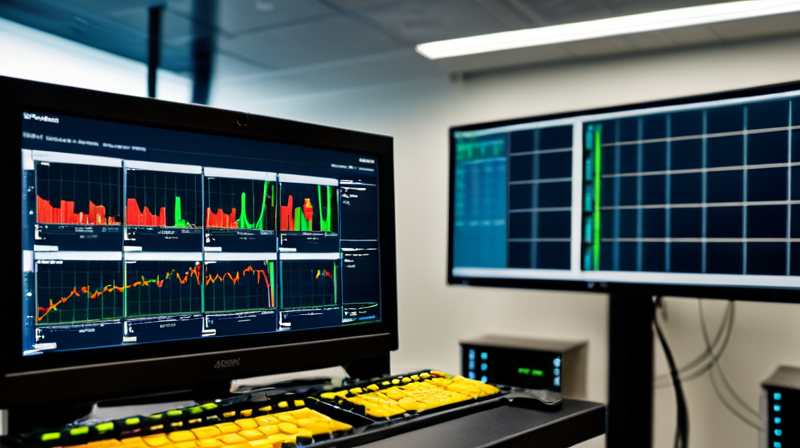 Enterprise server room displaying system metrics and network validation performance on a diagnostic monitor.