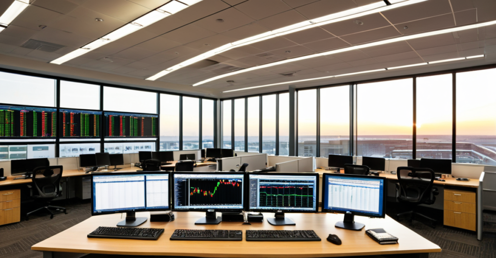 Overview of a modern trading floor with multiple screens displaying financial data for investment finance