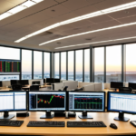 Overview of a modern trading floor with multiple screens displaying financial data for investment finance