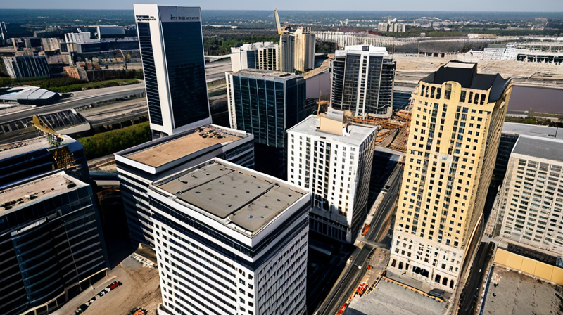 Aerial view of a large urban commercial real estate development under construction, showcasing private equity investments