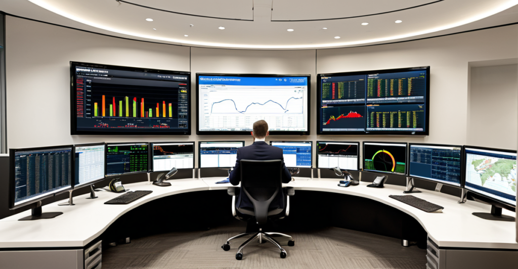 Modern trading floor with digital screens showing real-time global market data and financial trends in 2026