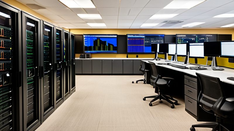 Server room with cloud-based risk management system for financial institutions, displaying real-time analytics in 2026