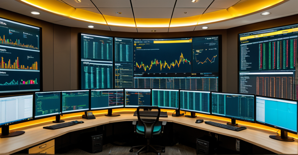 A modern cybersecurity operations center monitoring global blockchain networks and cryptographic transactions.