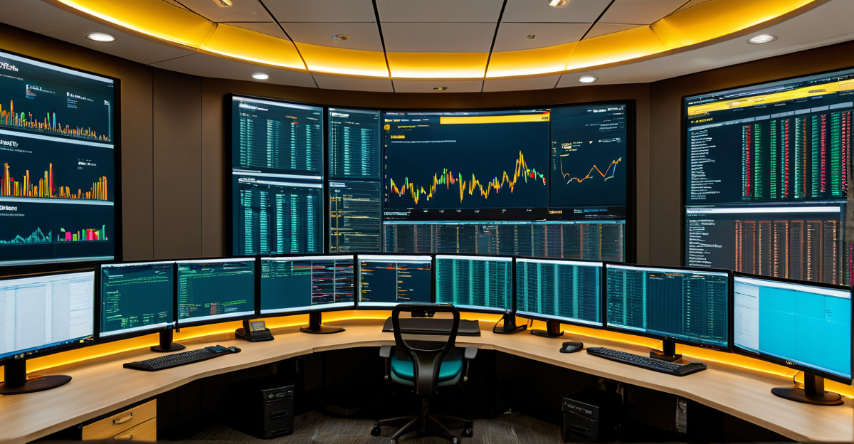 A modern cybersecurity operations center monitoring global blockchain networks and cryptographic transactions.