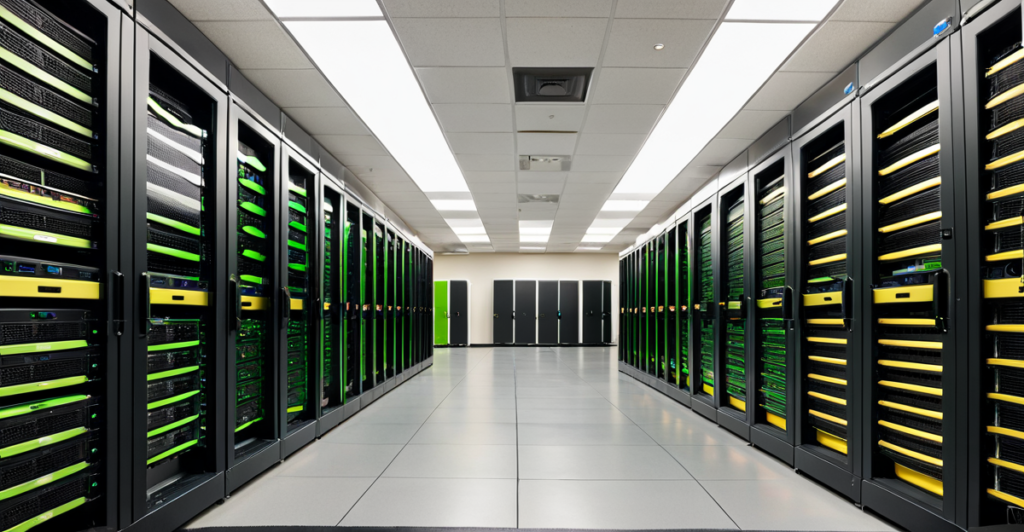 High-density GPU server racks in a modern data center powering generative AI models