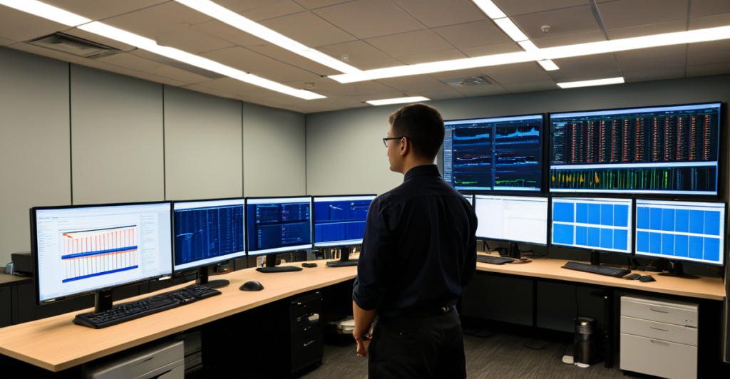 Overview of a high-tech AI research lab with data visualizations and server racks, symbolizing Generative AI's growth.