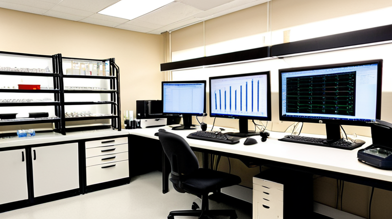 Bioinformatics lab workspace with AI-generated protein folding structures on a monitor, showcasing Generative AI's application in science.