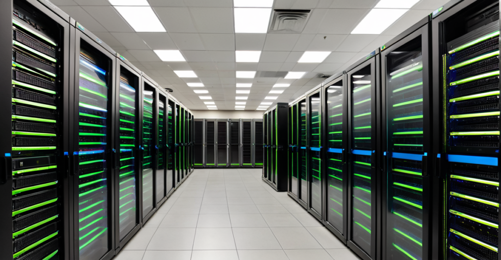 High-density GPU server racks in a modern data center powering generative AI applications