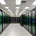 High-density GPU server racks in a modern data center powering generative AI applications