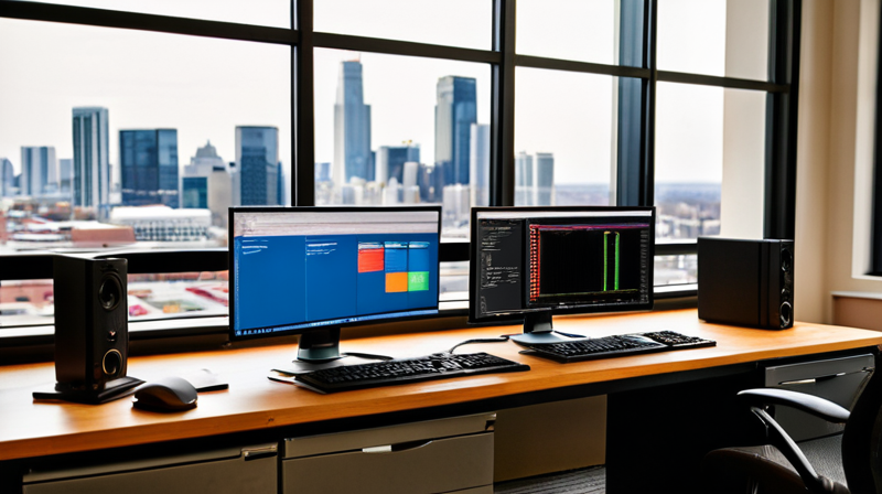 Developer workspace with multiple monitors displaying software code and API dashboards