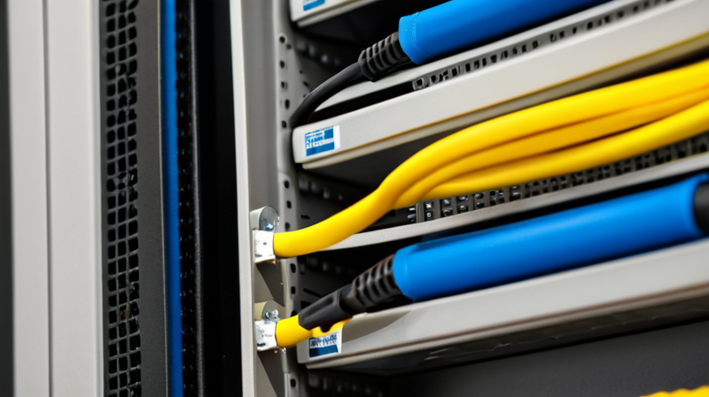 Fiber-optic network cables plugged into a server rack patch panel
