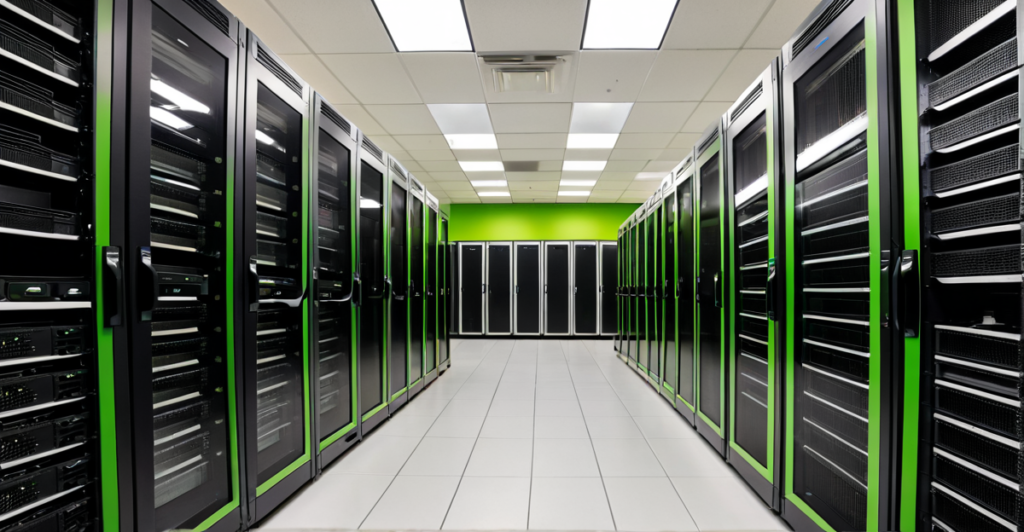 Rows of glowing server racks in a modern data center, symbolizing the infrastructure powering AI.