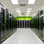 Rows of glowing server racks in a modern data center, symbolizing the infrastructure powering AI.