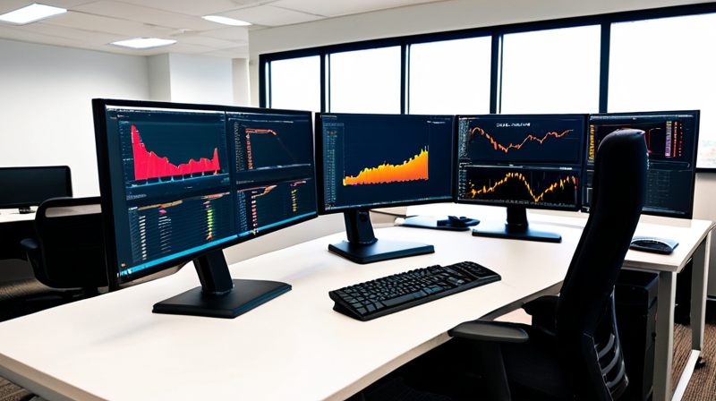 Modern office workspace with multiple monitors displaying LLM code and data, representing AI development.
