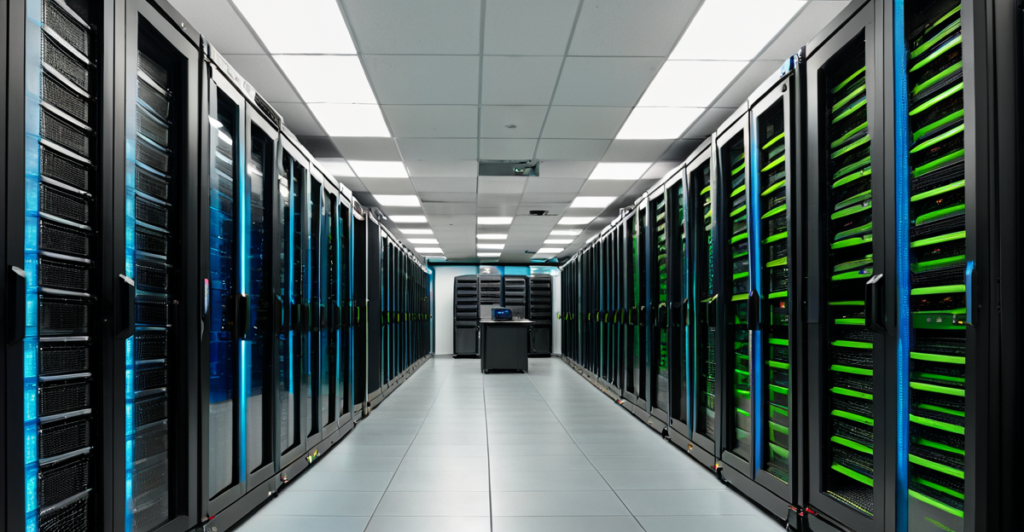 High-density GPU server racks in a modern data center powering generative artificial intelligence models.