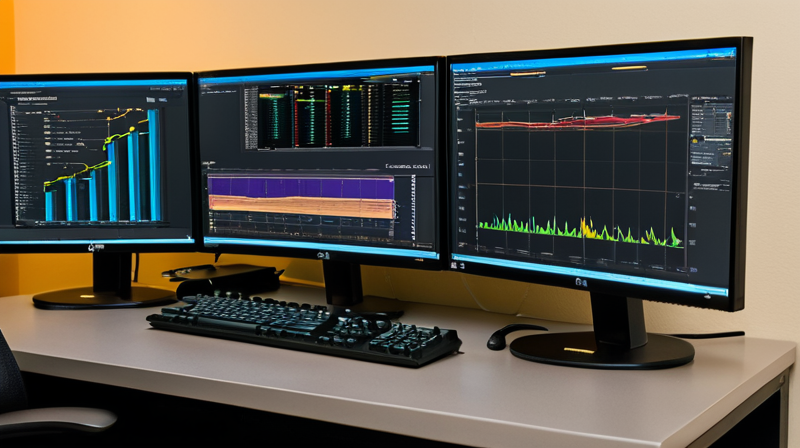 Workstation displaying neural network training interfaces and command terminals for AI development.