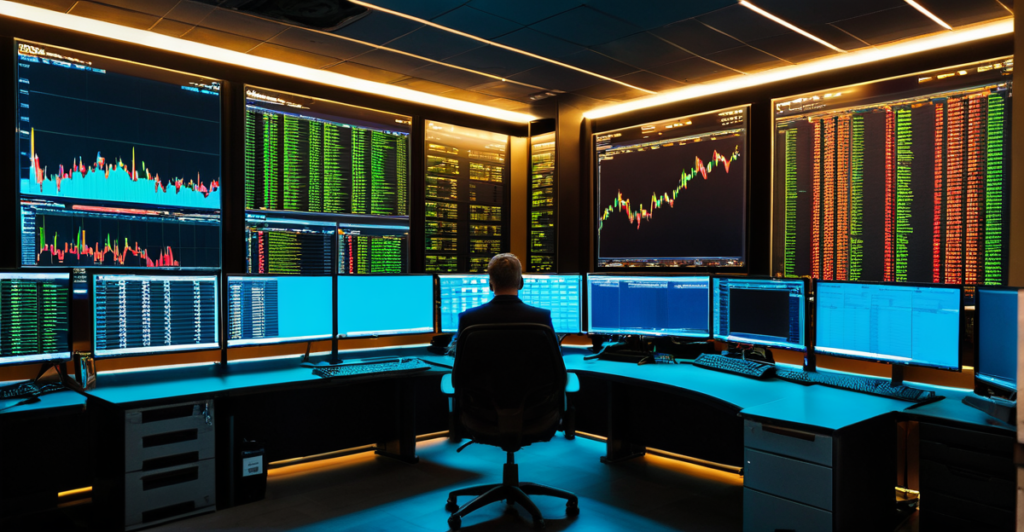 Crypto trading floor with multiple screens showing real-time market data and blockchain visualizations, illustrating the volatile future of digital assets.