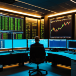Crypto trading floor with multiple screens showing real-time market data and blockchain visualizations, illustrating the volatile future of digital assets.