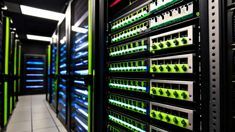 Close-up of a server rack with glowing lights and a digital display showing a real-time blockchain transaction log, illustrating core crypto technology.