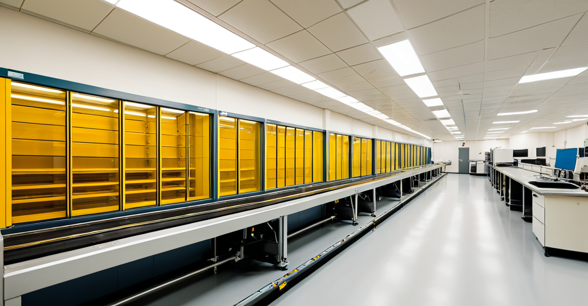 High-performance GPU server racks in a data center with blinking LED lights and structured fiber optic cabling.