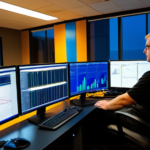 A network operations center with monitors displaying global logistics and server diagnostics.