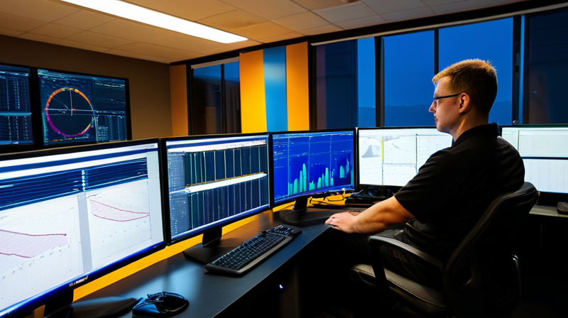 A network operations center with monitors displaying global logistics and server diagnostics.