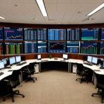 Modern financial trading floor with multiple monitors displaying market data and financial charts, representing investment banking and private equity strategies.