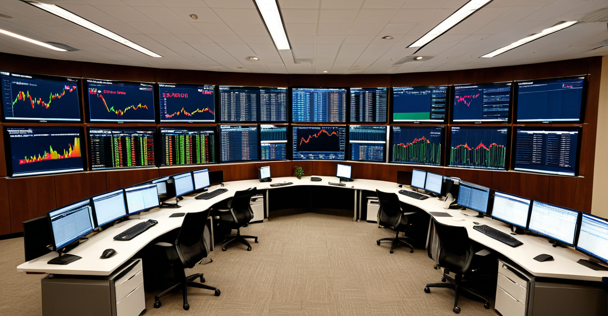 Modern financial trading floor with multiple monitors displaying market data and financial charts, representing investment banking and private equity strategies.