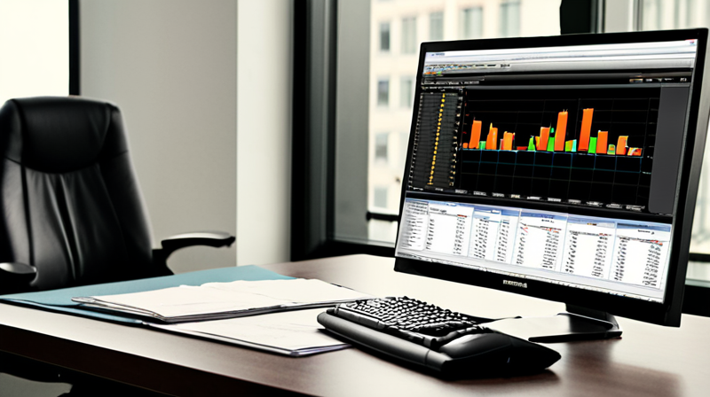 Financial analyst working on a private equity valuation model on a large screen, with financial reports on the desk, illustrating investment analysis.