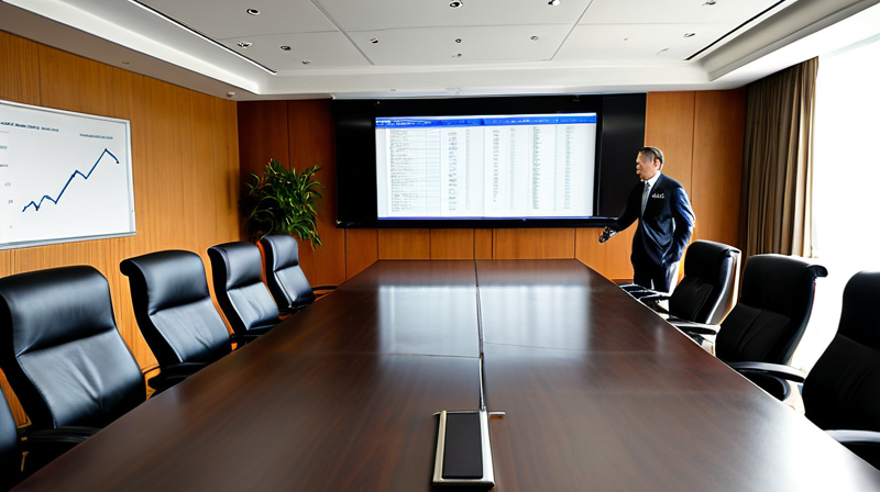 Modern conference room with an M&A strategy presentation on screen, showing a high-level corporate finance discussion.
