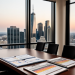 Modern corporate boardroom table with tablet displaying financial charts